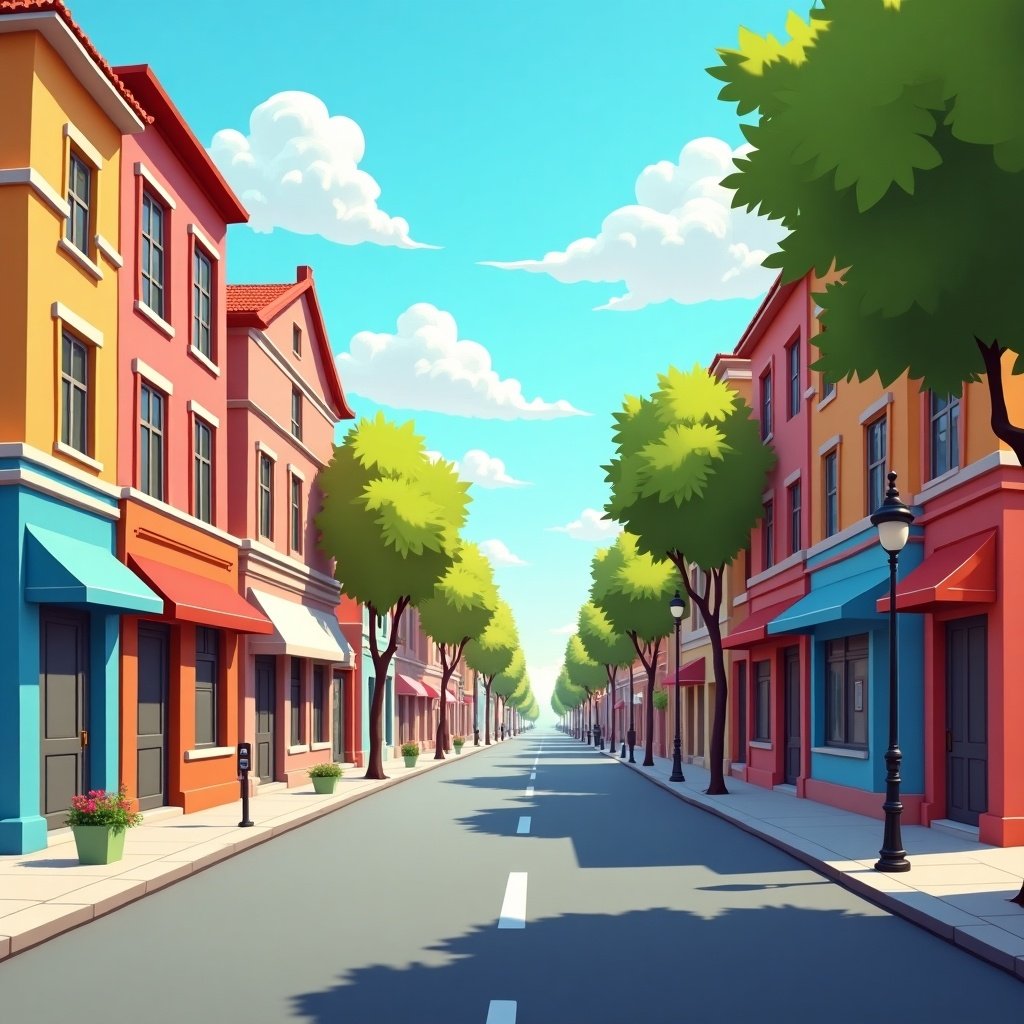 Animated street scene with colorful buildings. Lively atmosphere with trees lining the street. Clear blue sky with clouds above.