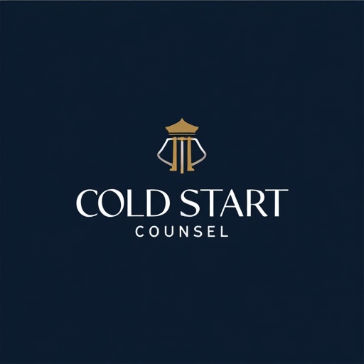 Sleek and modern logo design for Cold Start Counsel. It is a law consulting firm for startups. The design is elegant and sophisticated. It features abstract geometric elements. Clean lines and subtle gradients are present. The color palette includes deep blues and elegant golds. Incorporation of clever negative space is important. The final logo must be professional and visually striking.