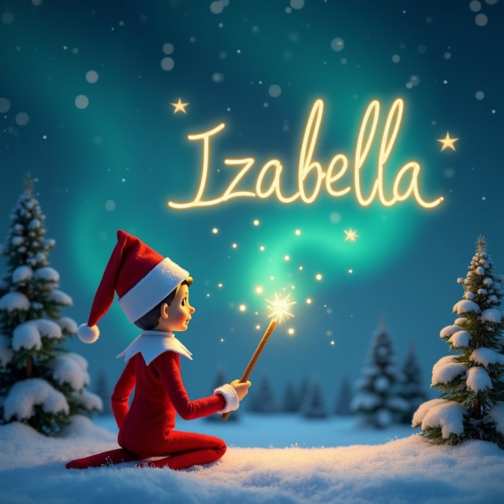 Elf on the shelf facing sky using wand writing Izabella in the sky against a magical Christmas background with northern lights and Santa