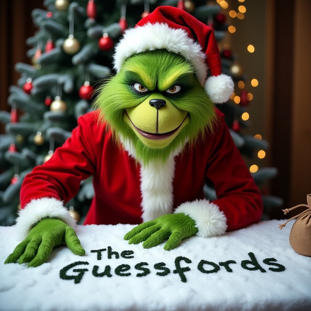 Hyper-realistic photo of the Grinch in Santa suit. Grinch smirks while holding a bag. In front of snow-covered table, he writes 'The Guessfords' in snow. Behind him is a decorated Christmas tree.