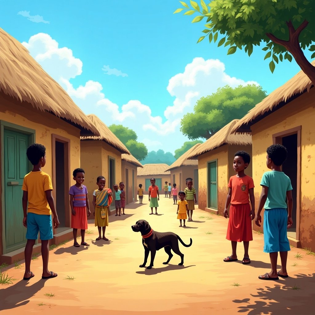 Scene depicting African villagers. Local homes set in a vibrant village. Bright sunny day under clear blue skies. Group dynamics among children. A pet dog in the foreground.