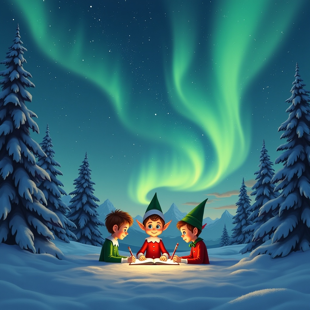 The image features three cheerful elves gathered around a glowing snowy area in a winter landscape. Above them, the northern lights shimmer brilliantly in the night sky. The elves, dressed in festive green and red outfits, are intently writing names in the snow. The serene setting is surrounded by tall, snow-covered trees, enhancing the magical atmosphere. This enchanting scene captures the joy and wonder of the holiday season.