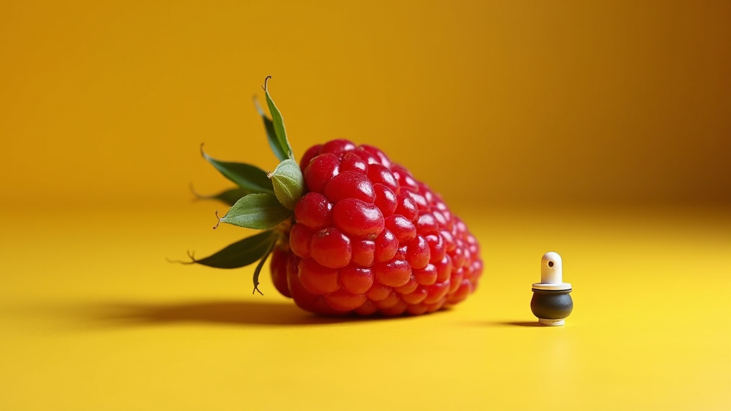 A large, vibrant raspberry rests beside a tiny toy figure on a bright yellow background.