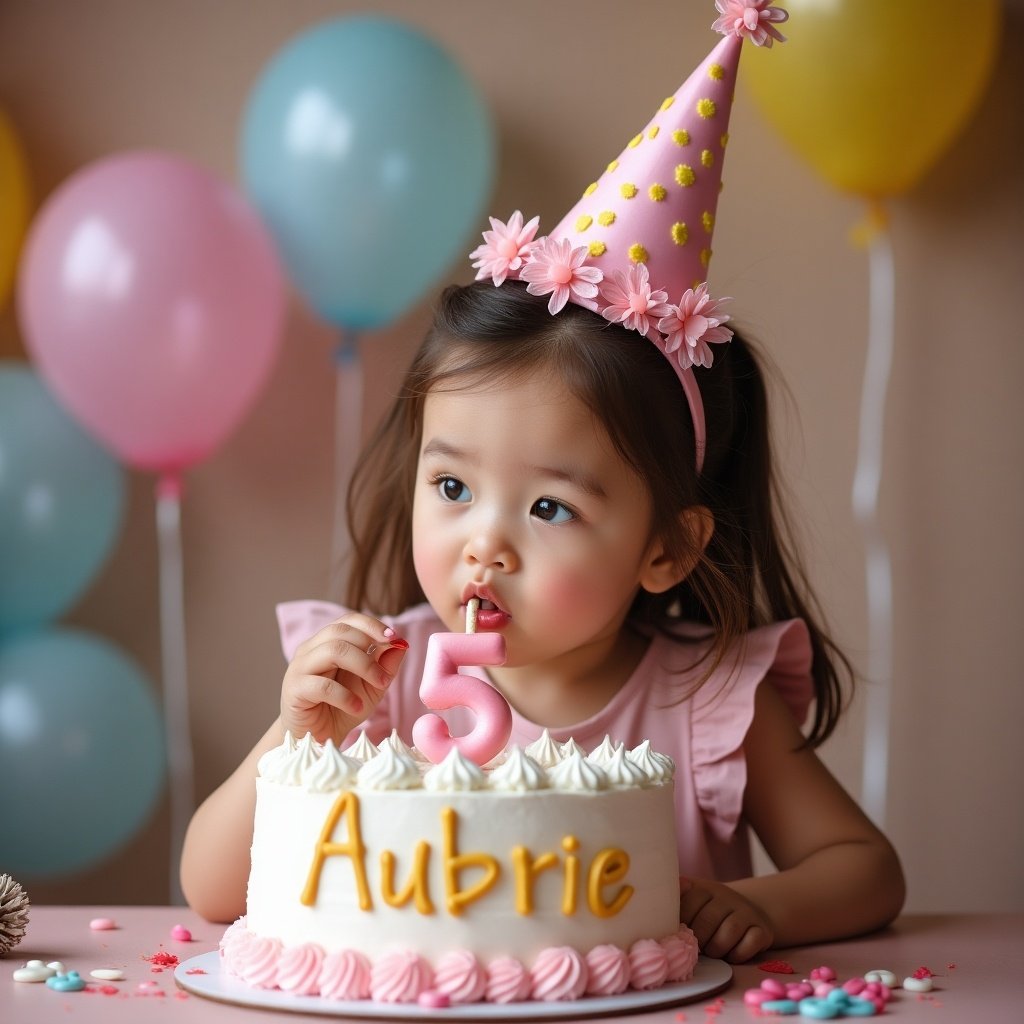 Happy birthday scene with a child eating a cake decorated with the name Aubrie. Colorful balloons in the background. Child wearing a party hat. The cake is the focal point of the image.