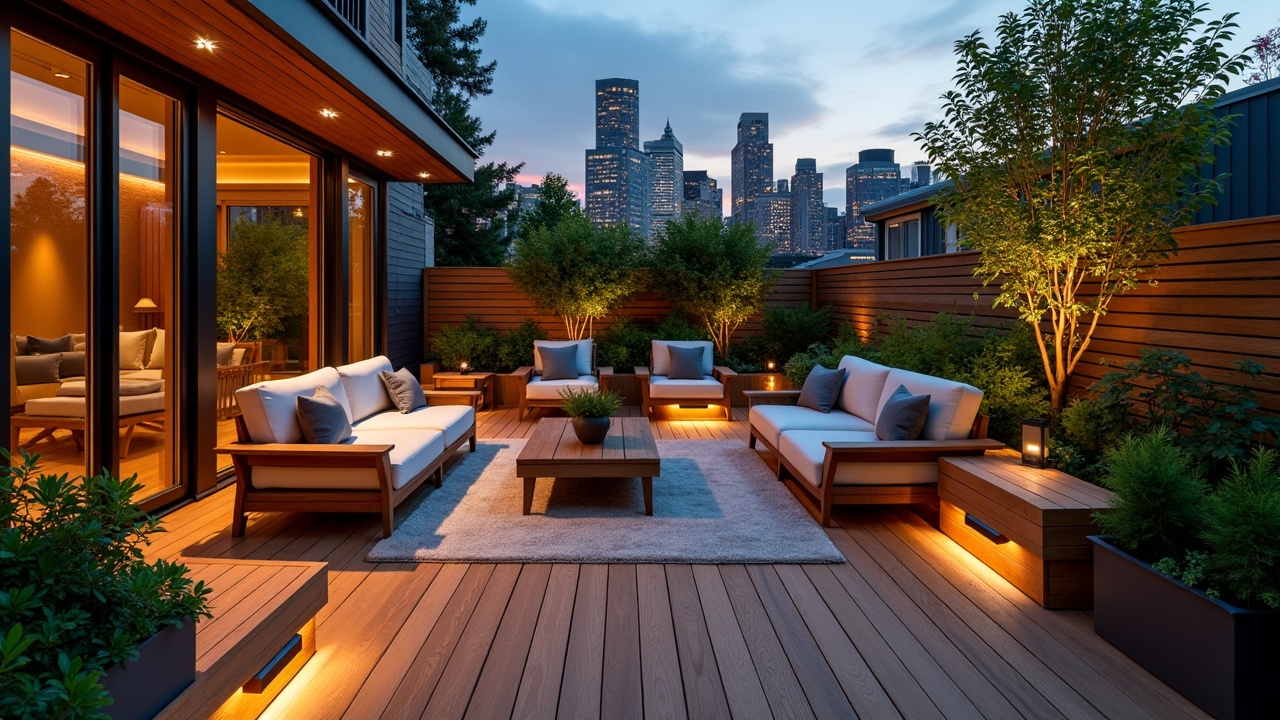 This image captures a beautifully designed urban patio at dusk, with cozy seating arrangements surrounded by lush greenery and softly lit landscape. The modern furniture and warm lighting create a welcoming ambiance, while the city skyline in the background adds a touch of sophistication. The use of wooden textures and natural elements blends seamlessly with the urban environment, creating a serene retreat in the heart of the city.