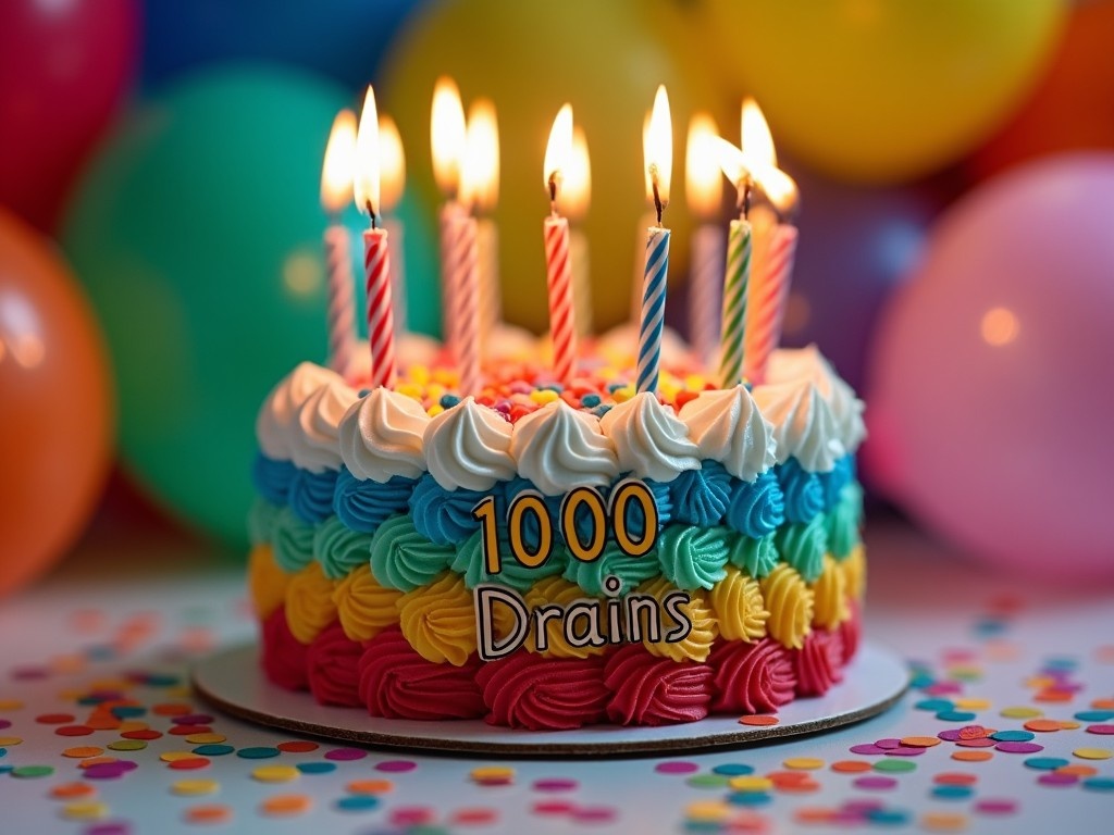 The image features a beautifully decorated birthday cake layered in colorful frosting. The cake has lit candles on top, emphasizing the festive mood. Surrounding the cake are several balloons in bright colors, creating a celebratory backdrop. The words '1000 Drains' are visible on the cake, suggesting it is for a birthday celebration. Confetti sits on the table underneath, adding to the party atmosphere.