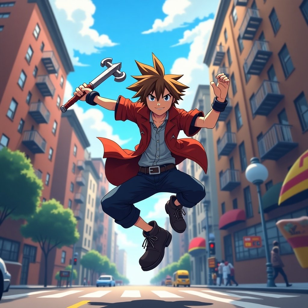 A character from a video game leaps in a bustling city during the day. He wields a large key-like weapon. The scene shows modern urban life with bright colors and a lively atmosphere. The character depicts strength and agility in the air in a stylish way. The urban setting is well-defined with buildings and street elements.