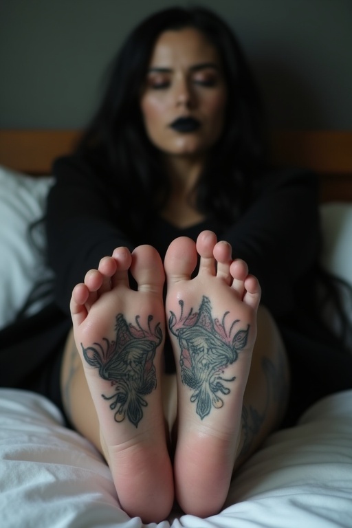 Image features a mature goth woman with long black hair and black lips showing her tattooed soles of bare feet. She's lying on the bed. She's sleeping.