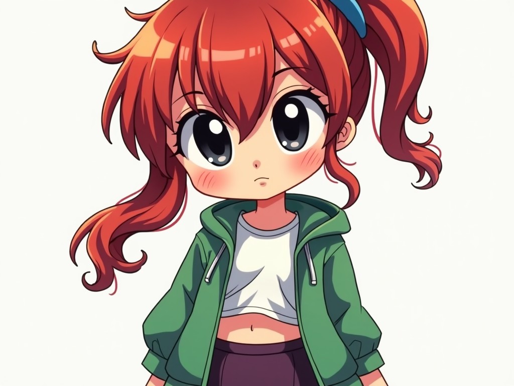 This image features a cartoon character with vibrant redhead ponytail hair adorned with a blue hairband. She wears a stylish green jacket over a white sports T-shirt that reveals her belly button, along with a skinny dark purple skirt. Her big, dark eyes have a captivating look, bringing a sense of innocence and curiosity. The character is also wearing light blue sneakers, adding to her trendy appearance. The style reflects a fanart approach typical of anime, showcasing chromatic aberrations for a unique visual effect.