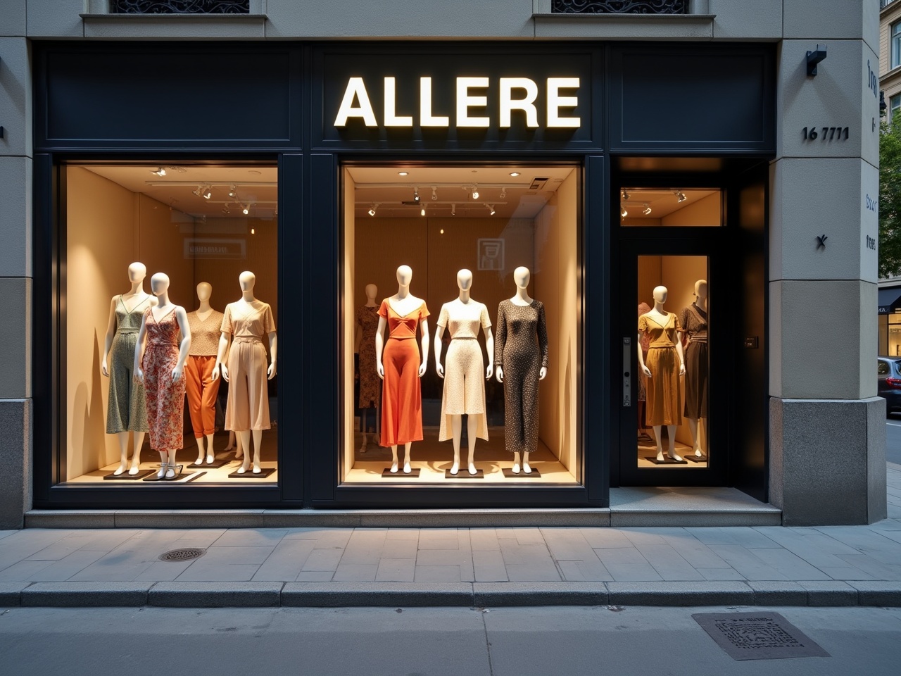 This image showcases a stylish fashion store window displaying a variety of elegant clothing. The brand name 'ALLERE' is prominently featured, making it clear whose fashion is represented. Mannequins dressed in various stylish outfits bring life to this retail display. The warm lighting highlights the elegance of the clothing, inviting passersby to explore. Located on a city street, this storefront is a perfect example of modern retail design.