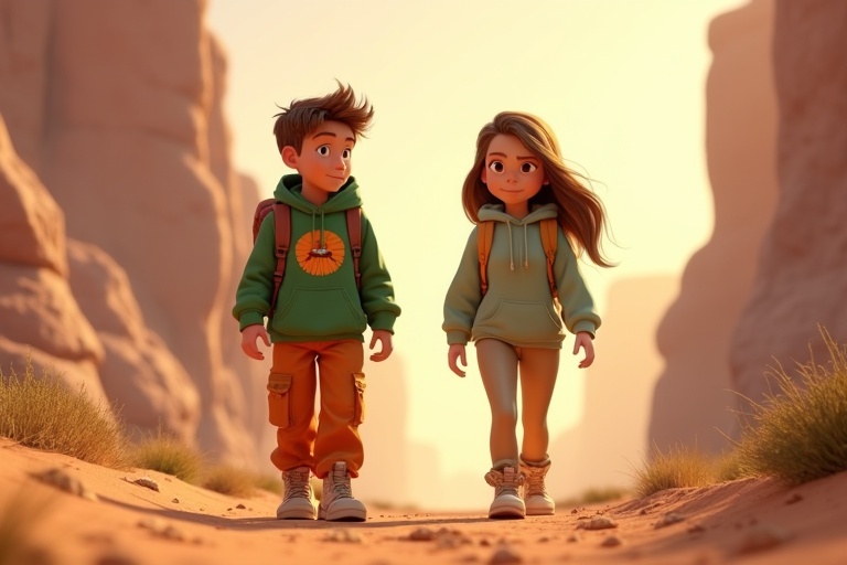 Highly detailed 3D-rendered digital art of two adventurous teenagers walking through a desert landscape. A boy with messy brown hair wears a green hoodie with an orange logo and orange cargo pants. A girl with flowing brown hair wears a light green hoodie and beige cargo pants. They explore an ancient desert path surrounded by towering rock formations and golden light. Small shrubs and dry grass add realism to the scene.