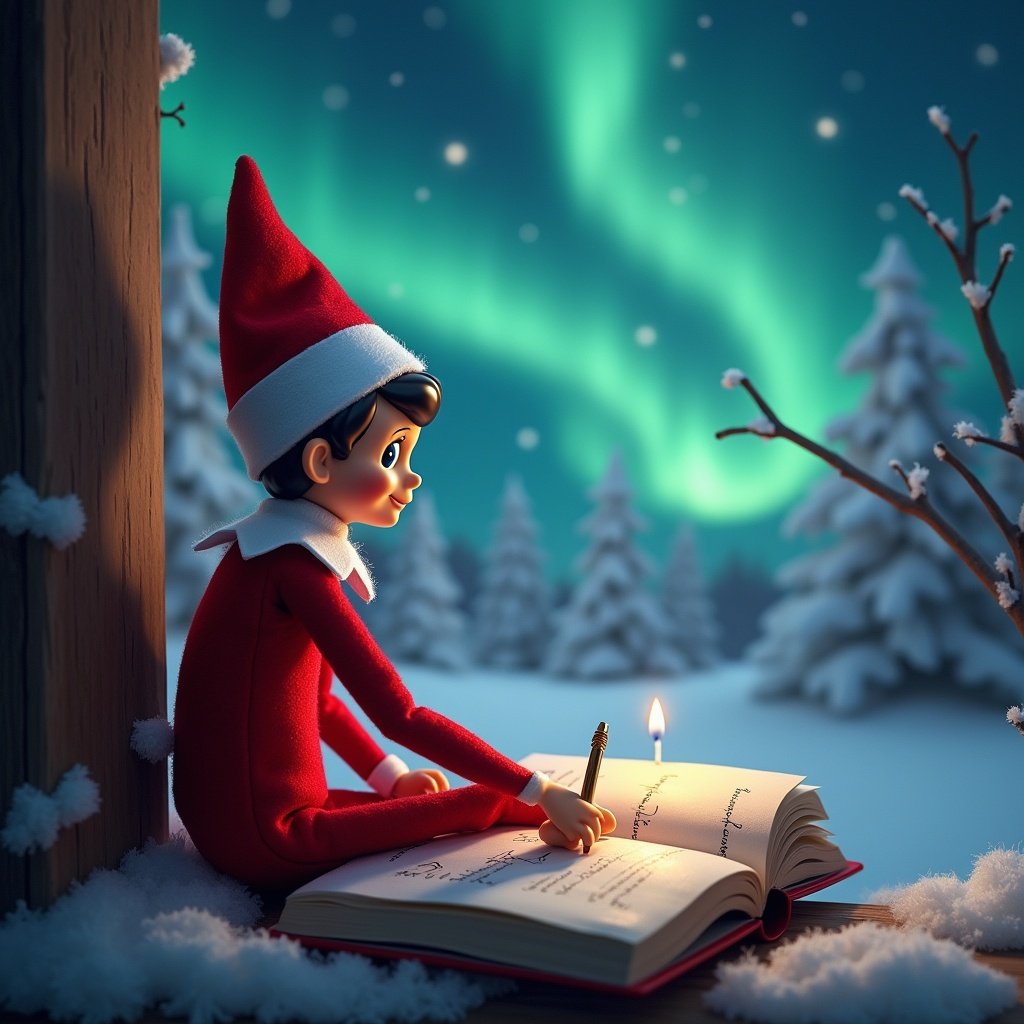 Elf figure dressed in red and white writing in a book. Background features northern lights with snowy trees. Candle illuminates the scene. Festive winter theme.