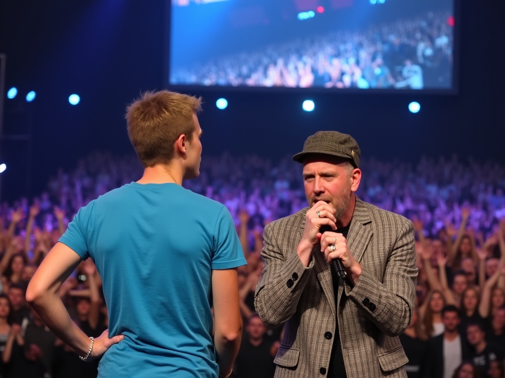 Two performers are on stage at a live event. The person on the left is listening intently, with their arms akimbo, exuding a casual yet attentive demeanor. They are wearing a blue t-shirt and have short, light brown hair. The person on the right is holding a microphone, energetically addressing or performing to the audience. They are wearing a patterned jacket and a cap, passionately engaging in their performance. The background is filled with stage lights and a large crowd, capturing the lively atmosphere of the event. A screen above shows a larger view of the stage, enhancing the ambiance of a concert or live show.