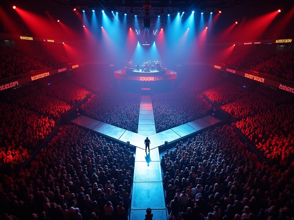 The image shows a vibrant concert at Madison Square Garden featuring Roddy Rich. It captures a bird's-eye view of the stage designed in a T-shape with a runway. The audience appears densely packed, immersed in the performance. Dramatic lighting casts red and blue hues throughout the venue. The scene conveys an energetic atmosphere typical of a live music experience. Spectators are visibly engaged with the performer on stage, enhancing the concert's dynamic nature.