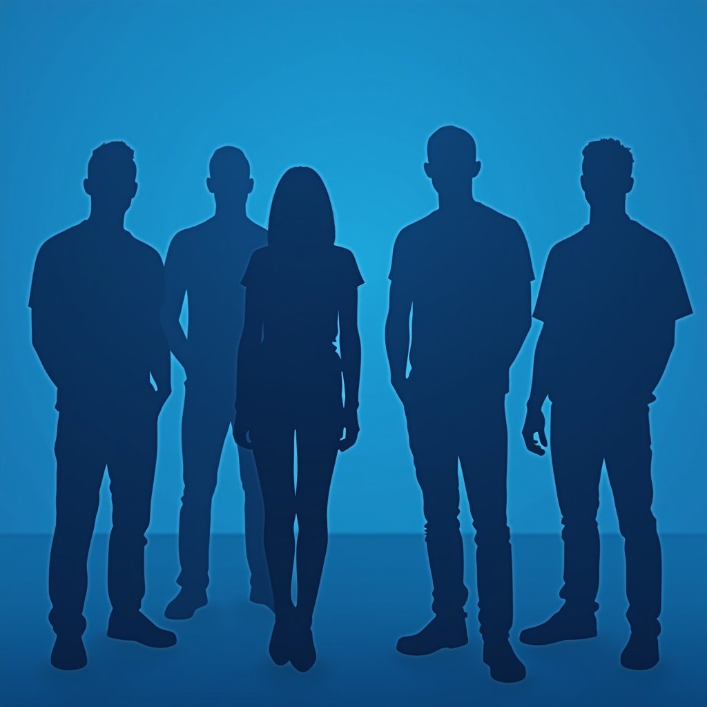 Image shows silhouettes of five people. Four men stand on one side. One woman stands out in the center. Image uses a blue tone style. Figures are faceless. Background is a soft gradient of blue.