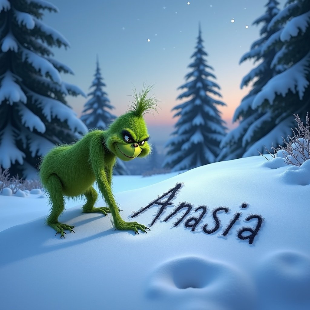 Grinch character writing name Anasia in snow. Background features snowy pine trees. Soft morning light shining. Grinch appears mischievous yet friendly.