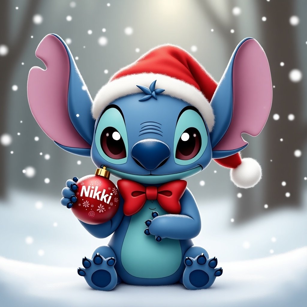 Character resembling Stitch from Disney wears Santa hat. Blue color with large ears. Holds red Christmas bauble with name Nikki. Suitable for phone wallpaper.