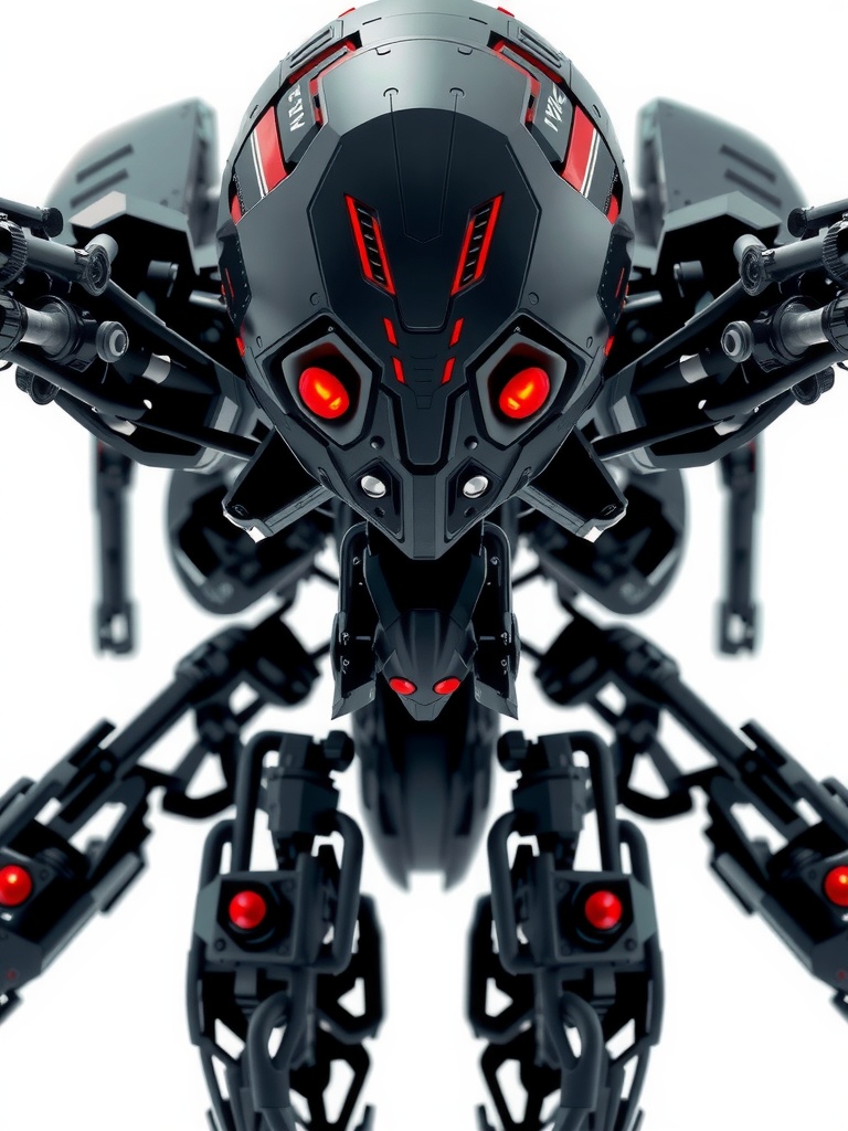 The image showcases a futuristic robotic entity, characterized by an imposing, mechanical design with glowing red eyes and dark armor. The bot’s intricate, multi-jointed limbs and weaponry-like attachments suggest advanced engineering and a high level of functionality. The stark contrast of its dark metal surfaces against the bright red highlights creates a visually arresting appearance.