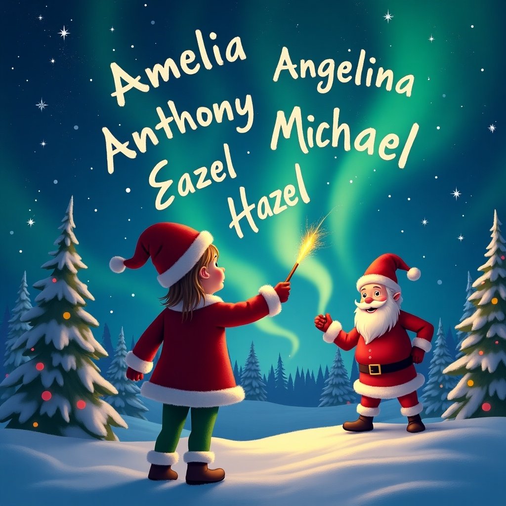 Elf stands back to image. Elf faces sky while using wand to write names. Magical Christmas background with northern lights. Santa Claus appears nearby. Names Amelia Angelina Anthony Michael Hazel are written in sky.