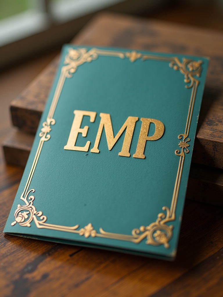 Vintage invitation card with 'EMP' in gold. Teal background and wooden table.