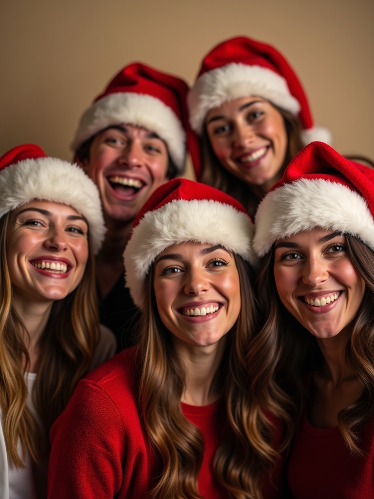 Photo captures joyful group during holiday season. Five individuals wearing Santa hats are smiling widely. Warm lighting creates inviting atmosphere. Background is neutral and emphasizes joyful expressions.