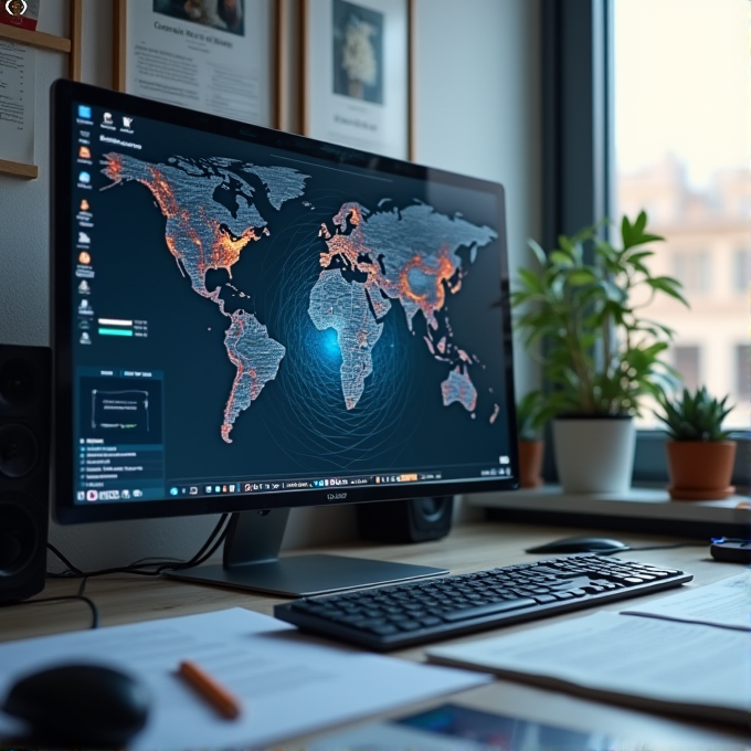 A modern office desk setup featuring a computer with a world map display, surrounded by plants and office supplies.