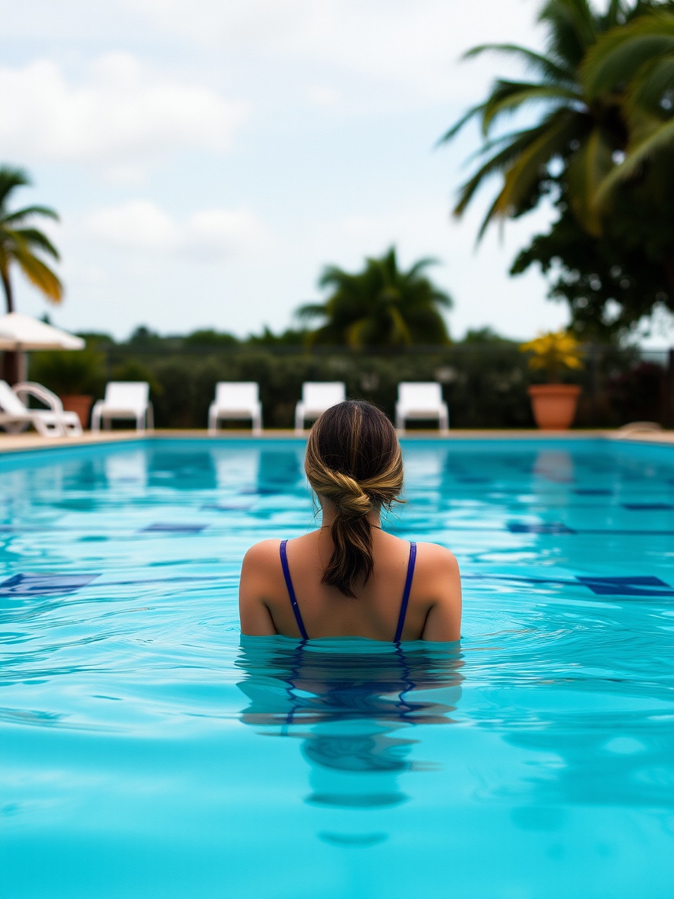 A serene image capturing a person relaxing in a swimming pool surrounded by lush palm trees and empty deck chairs. The person is seen from behind, immersed in the calm, clear blue water, creating a sense of peace and solitude. The slightly overcast sky and tropical setting enhance the tranquil ambiance of the scene.