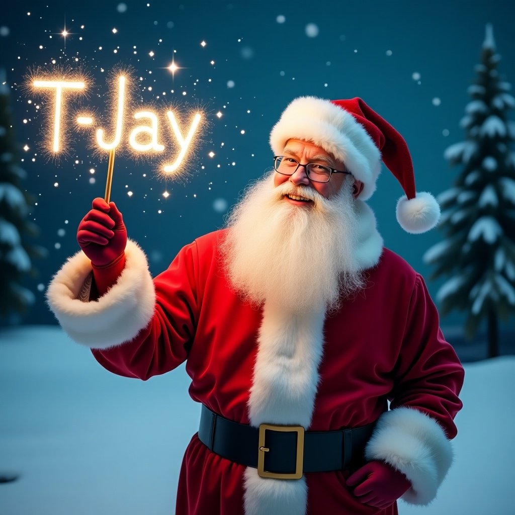 Jolly Santa Claus in snowy landscape. Magical wand shining sparkles name T-Jay. Classic red suit with white fur trim. Matching hat. Twinkling eyes. Writing names in sky. Snowy scene with evergreen trees. Starry night sky. Festive and magical atmosphere for holiday season.