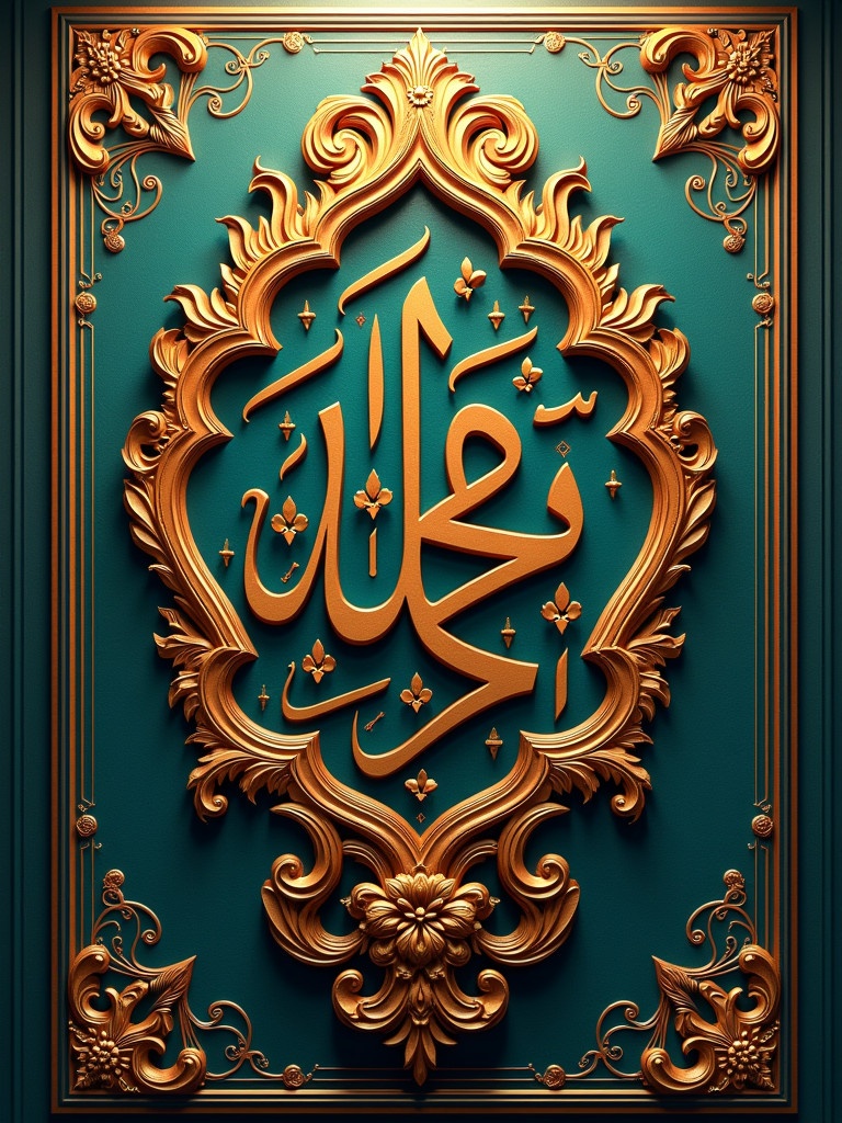 Ornate Islamic calligraphy displays 'الله عظيم'. Calligraphy features intricate designs and floral motifs. Rich teal and gold backdrop enhances the artwork. Traditional Islamic art style showcases detailed craftsmanship. Warm lighting emphasizes decorative elements.