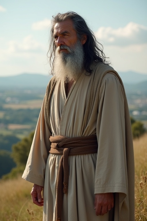 An old ascetic priest stands on a hill. He has long grey black hair. He wears a natural-colored ceremonial robe. The background features a beautiful landscape of southern France. He has a stern and wise appearance.