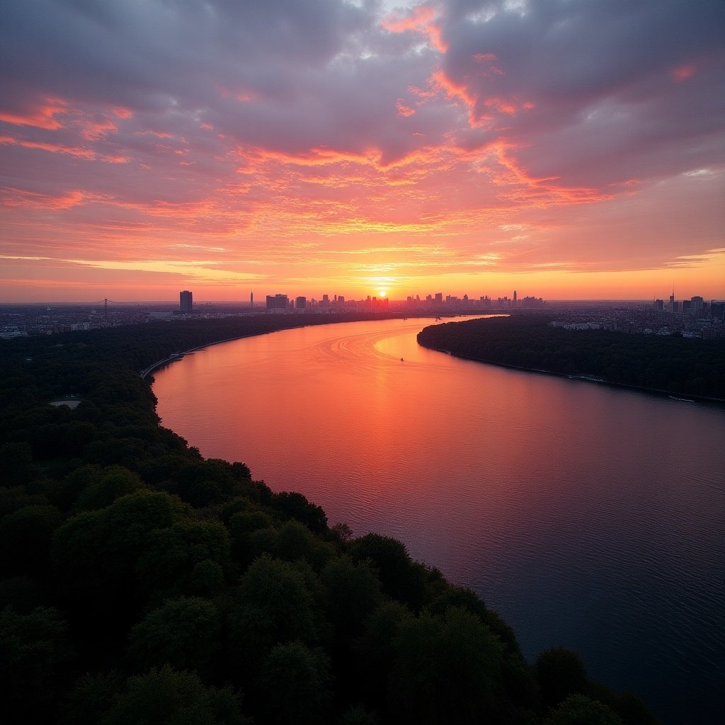 A captivating sunset over the Hudson River, casting vibrant orange and pink hues across the water. The skyline of the city is silhouetted against the colorful sky. Lush green trees line the riverbanks, adding depth to the scene. The peaceful water reflects the stunning colors of the sunset. This breathtaking view showcases the beauty of nature and urban landscapes combined.