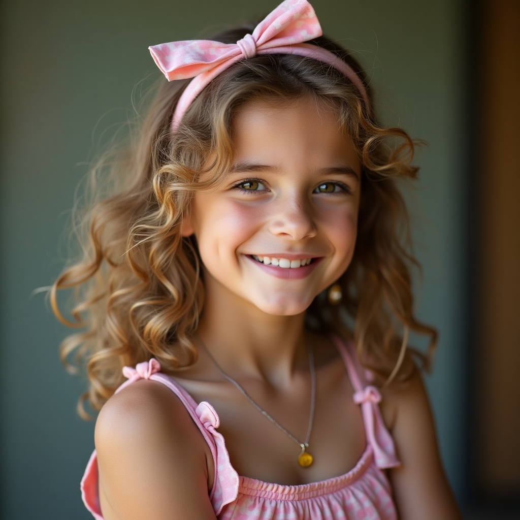 Young girl with curly hair. She wears a pink outfit with a bow. The girl smiles warmly. Background is softly blurred.