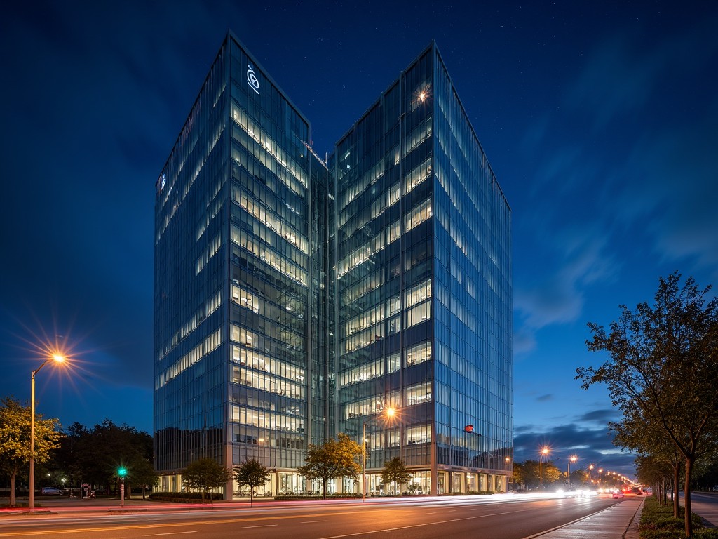 A modern, glass skyscraper at night under a starry sky. The building's facade reflects city lights, creating a stunning visual effect. The windows have a warm glow from interior lights. The street below is relatively quiet with a few cars passing by. Some trees and shrubs are visible along the sidewalk, softly illuminated by streetlights.