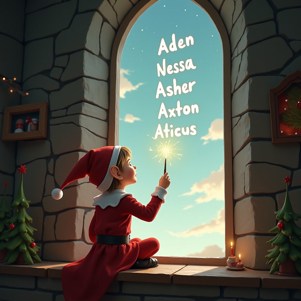 An enchanting scene featuring an elf sitting by a tall arched window. The elf has their back to the viewer, gazing into a bright sky filled with soft clouds. In one hand, they hold a wand, which they are using to write names in the air. The names written appear to be Aden, Nessa, Asher, Axton, and Atticus, glowing with magic. The interior is cozy, with stone walls and a whimsical ambiance that evokes the magic of the holiday season.