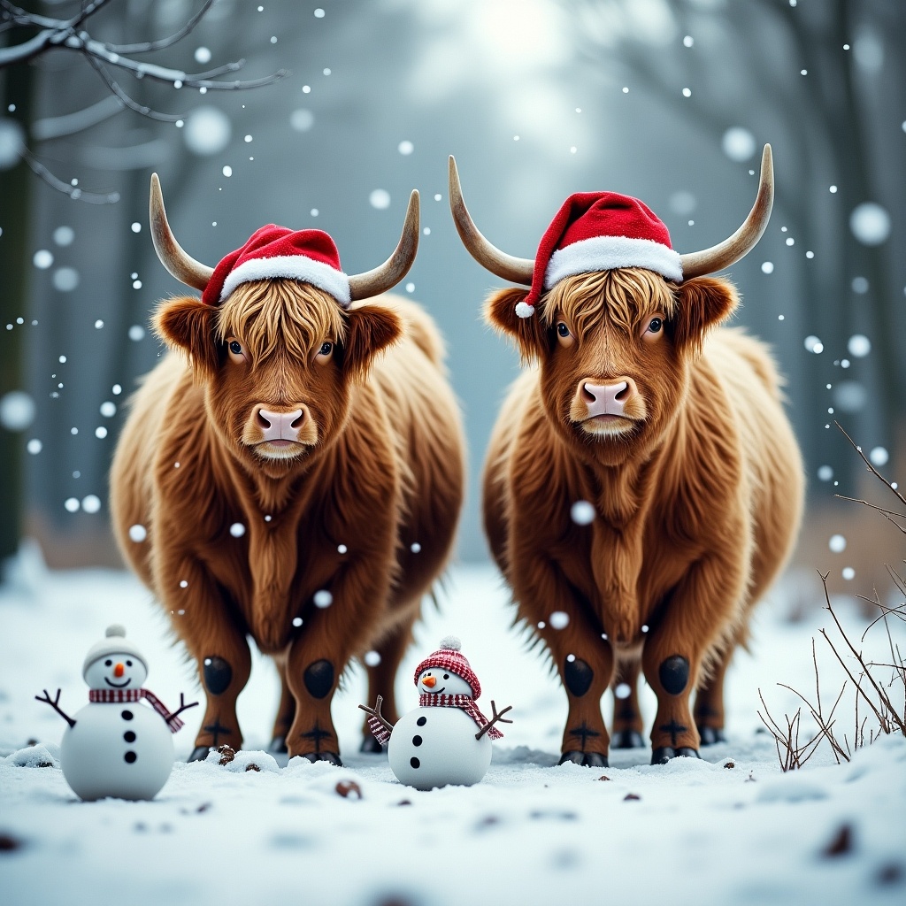 Highland cows in a winter scene. Cows wear Santa hats. Snow covers the ground. Two snowmen accompany the cows. Snow falls gently.