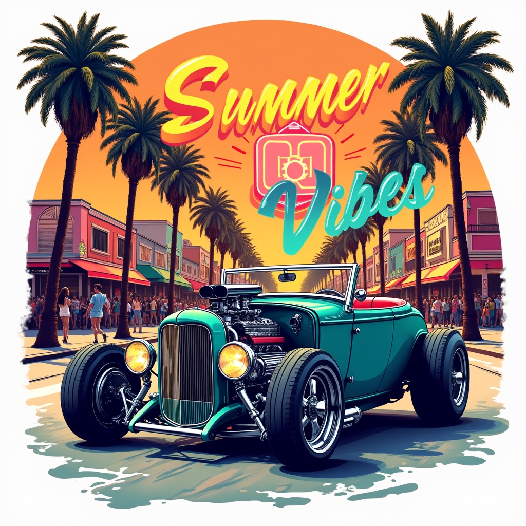 A vibrant illustration of a classic hot rod cruising down a palm-lined boulevard under a sunset with the words "Summer Vibes" overlayed.