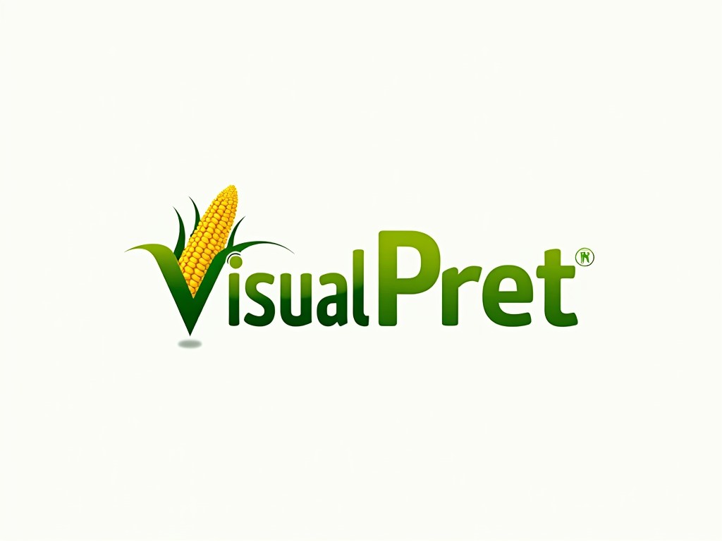 This logo features the word 'VisualPret' prominently in a bold, green font, with the letter 'V' designed to resemble a vibrant corn stalk with an ear of corn. The corn, in hues of yellow and green, adds a touch of agrarian freshness to the design. The logo exudes a sense of natural innovation and growth.