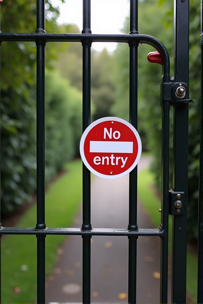 A 'No Entry' sign is prominently displayed on a close-up view of a metal gate, beyond which lies a lush, green pathway.