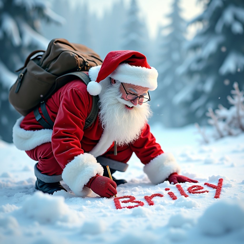 Santa Claus writes name 'Briley' in snow wearing red suit and backpack in winter landscape with snow-covered trees and gentle snow falling.