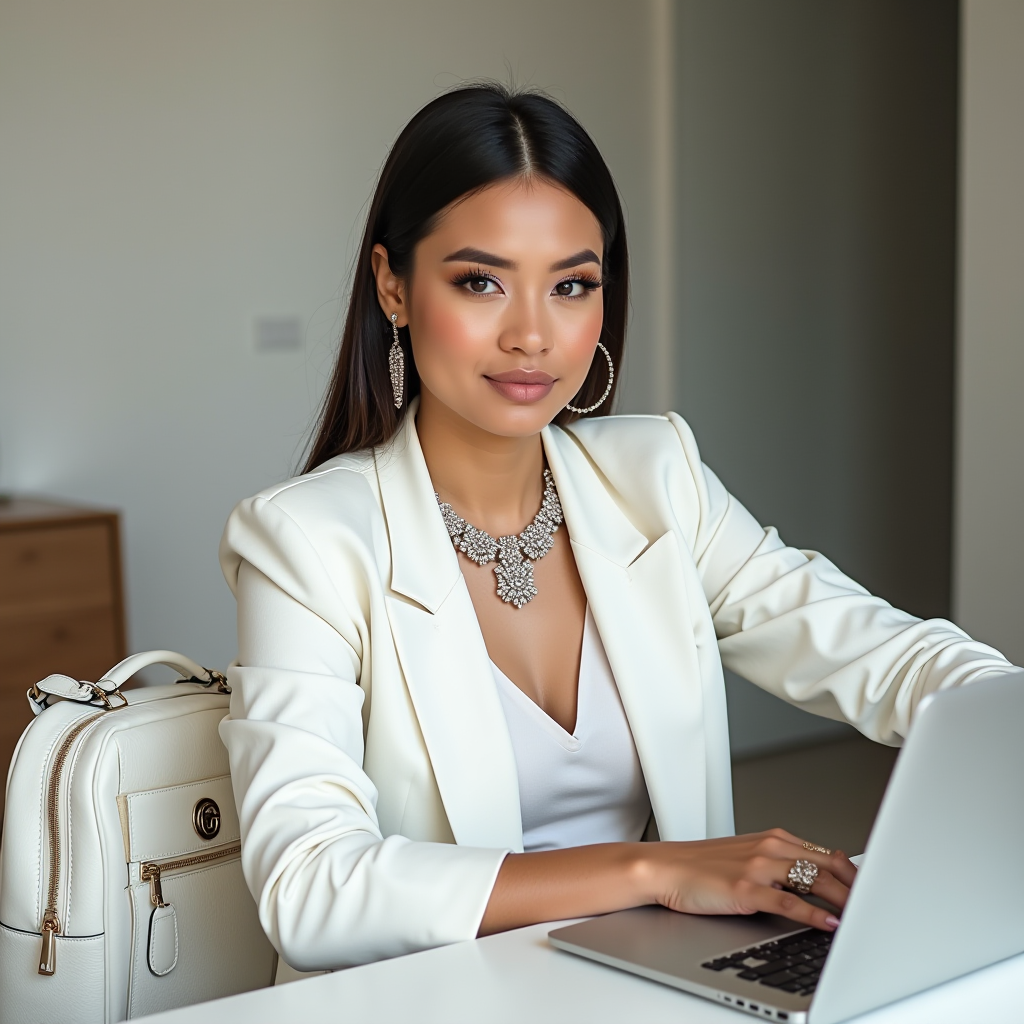 A woman in elegant attire sits confidently at a laptop in a minimalist office setting.