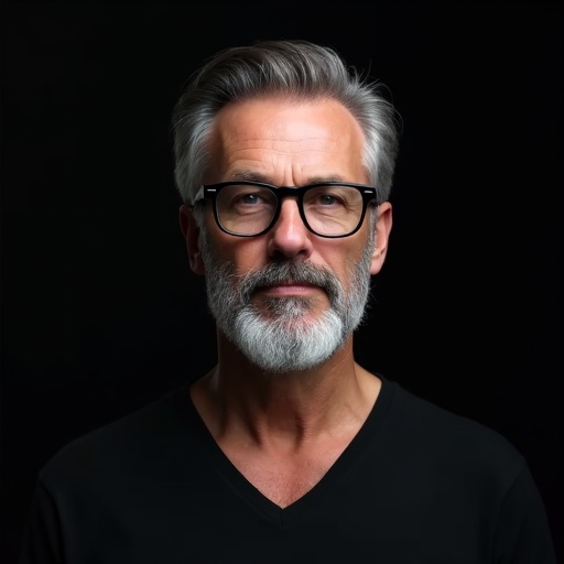 Highly detailed digital portrait of a middle-aged man with a gray beard and black glasses. Hair is combed back. He wears a black V-neck shirt. Background is a clean black gradient. The style is modern and professional with high-resolution textures.