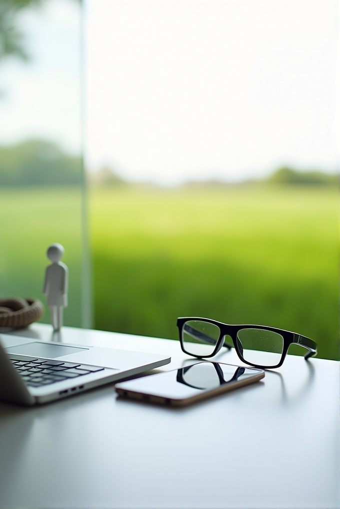 A pair of glasses, a smartphone, and a laptop rest on a desk against a backdrop of a green landscape visible through a window.