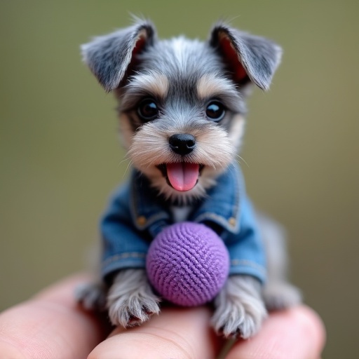 Tiny schnauzer puppy on a fingertip. Puppy has a big smile with a tender expression. Dressed in a tiny jean jacket with a purple mini ball toy. Puppy fits entirely on one finger. Very happy demeanor with cheerful face.