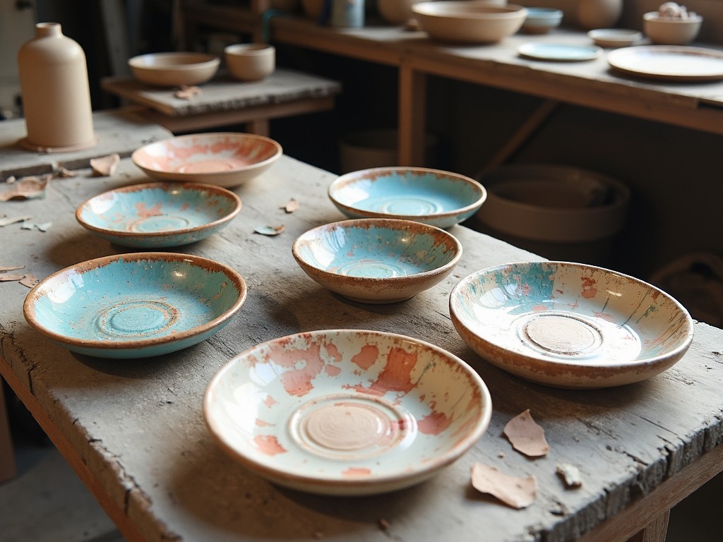 This image features various ceramic plates with intricate color designs displayed on a rustic table. The workshop setting provides a creative and artistic atmosphere. The plates showcase an appealing blend of light blue and coral pink hues, with some exhibiting a weathered effect. Scattered on the table are broken pieces of pottery, hinting at the handmade process. Soft natural light bathes the scene, enhancing the textures of the ceramics. This setting is perfect for conveying the charm of artisanal craftsmanship.