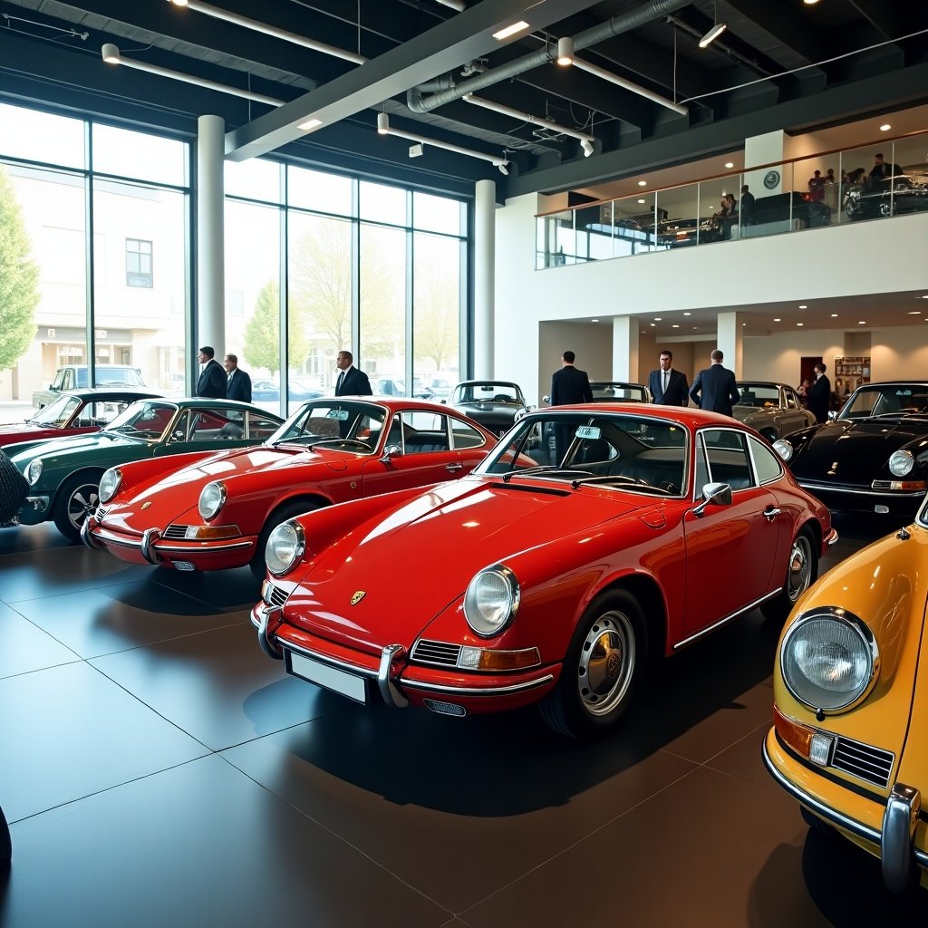 The image shows a modern car showroom. Classic and vintage cars are displayed. Several Porsches are featured prominently. The environment is sleek and spacious. Natural light fills the room through large windows. Visitors admire the cars. The showroom design highlights the beauty of the automobiles.