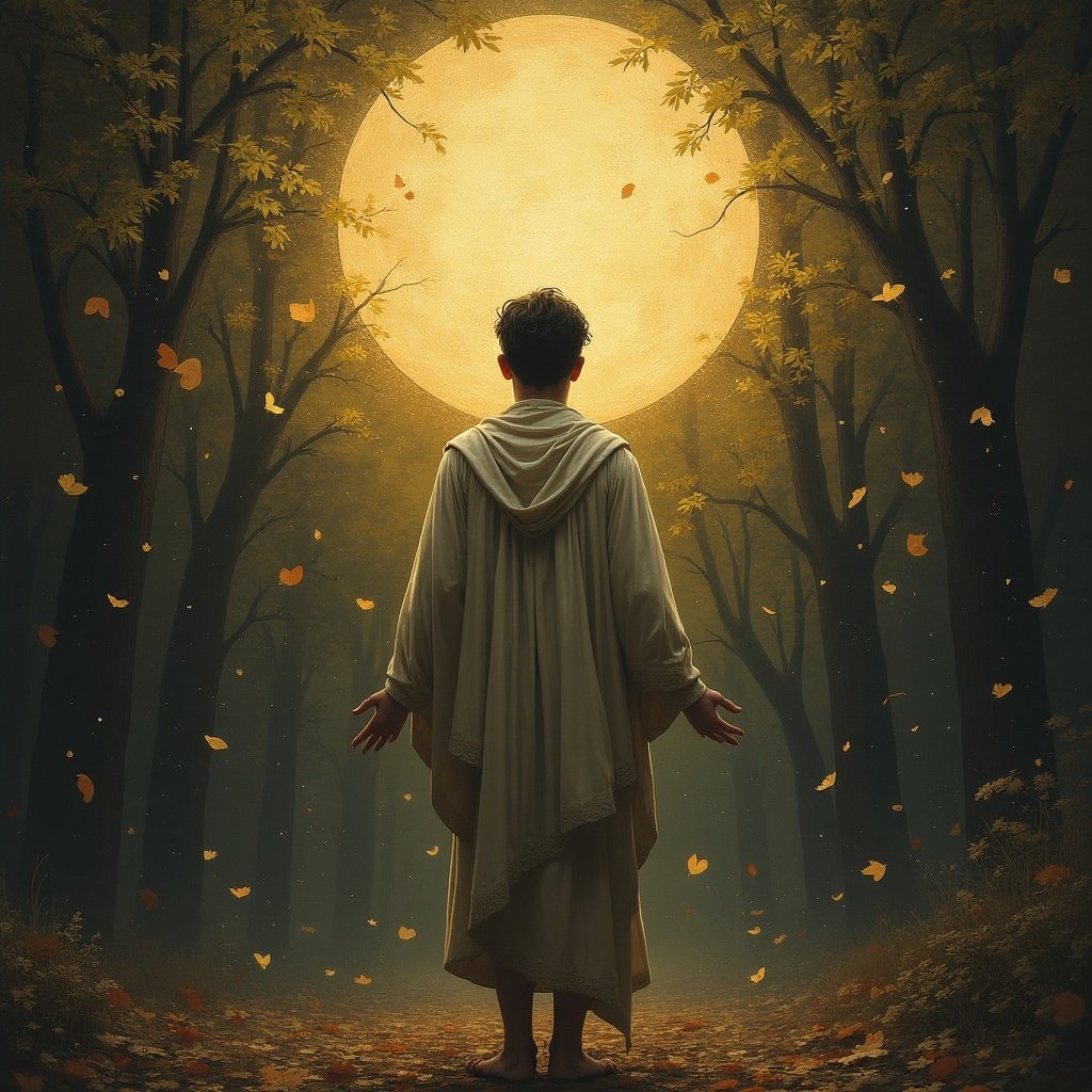 A figure stands in a forest with arms wide open under a bright full moon. Leaves float around in the autumn air. The scene conveys serenity and introspection.