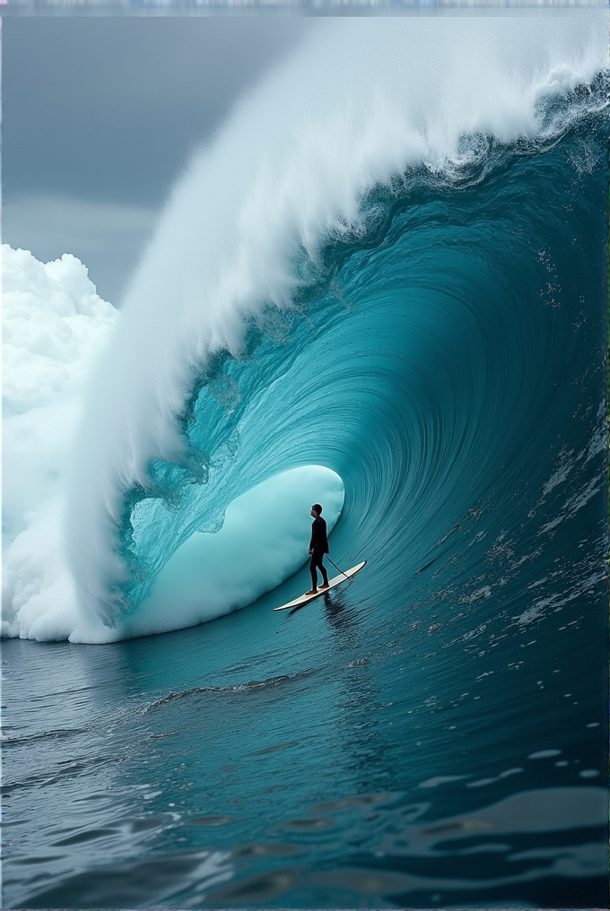 A surfer skillfully rides inside a massive, curling ocean wave under a cloudy sky.