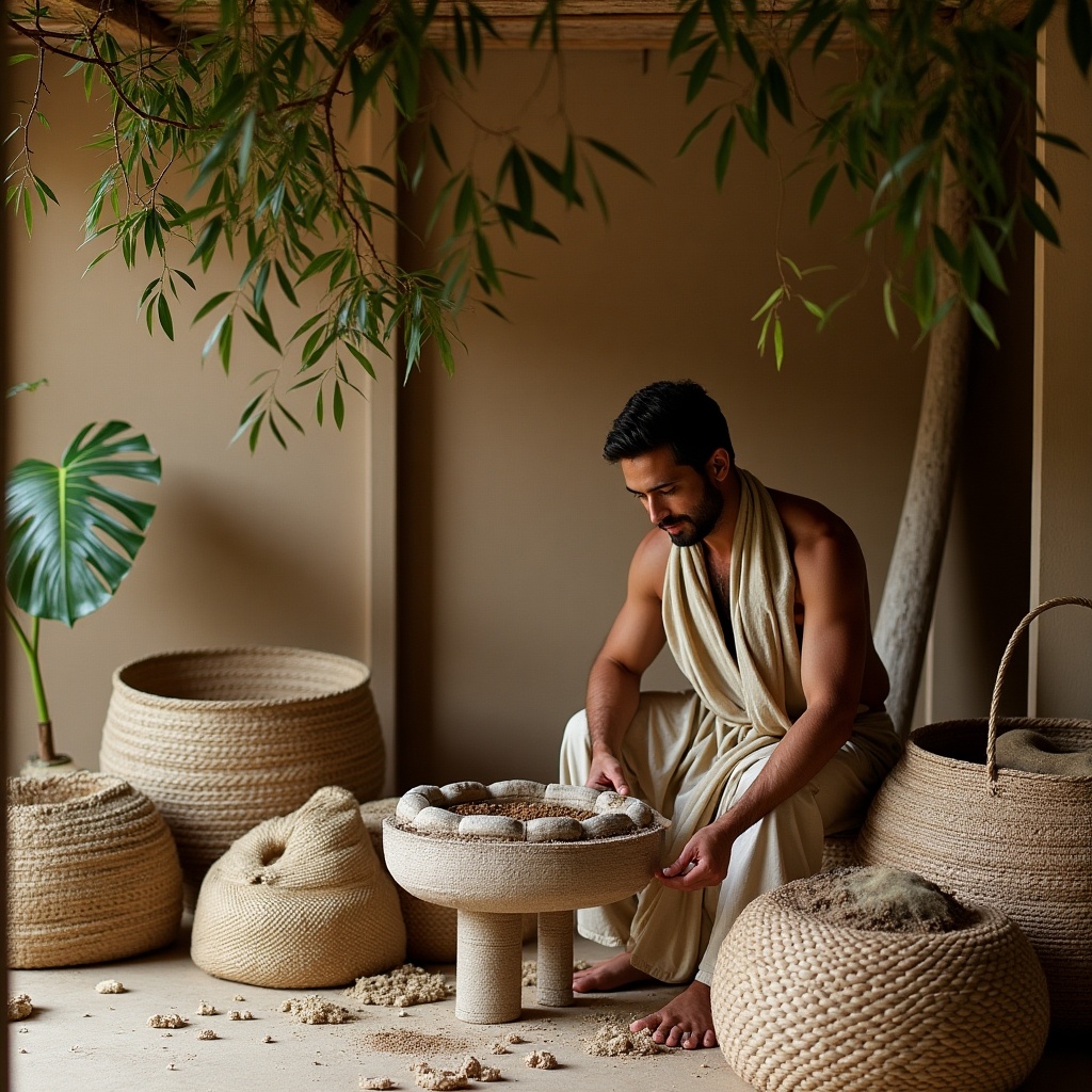 Image of a male artisan working with natural materials in a minimalist space. Natural light highlights the process of craftsmanship using ancestral techniques. Soft colors and organic textures create a serene atmosphere focused on sustainability.