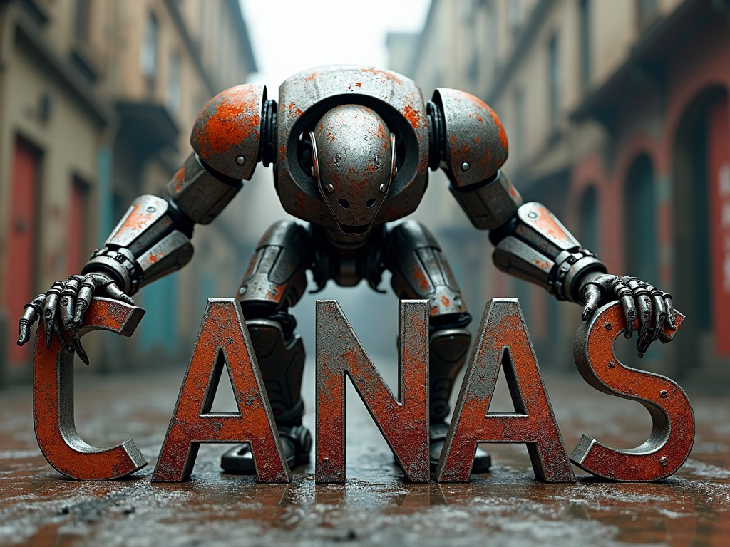 The image showcases a robotic figure intensely focused on the letters 'CANAS'. The robot appears to be in an urban setting, surrounded by blurred buildings in the background. Its metallic surface is weathered with rust, adding a sense of history and wear. The letters are bold and heavy, with a similar rusty texture. The scene is enveloped in a soft fog, creating a mysterious atmosphere and highlighting the robot's imposing presence. This combination evokes thoughts of innovation and the future, intertwined with themes of decay and transformation.