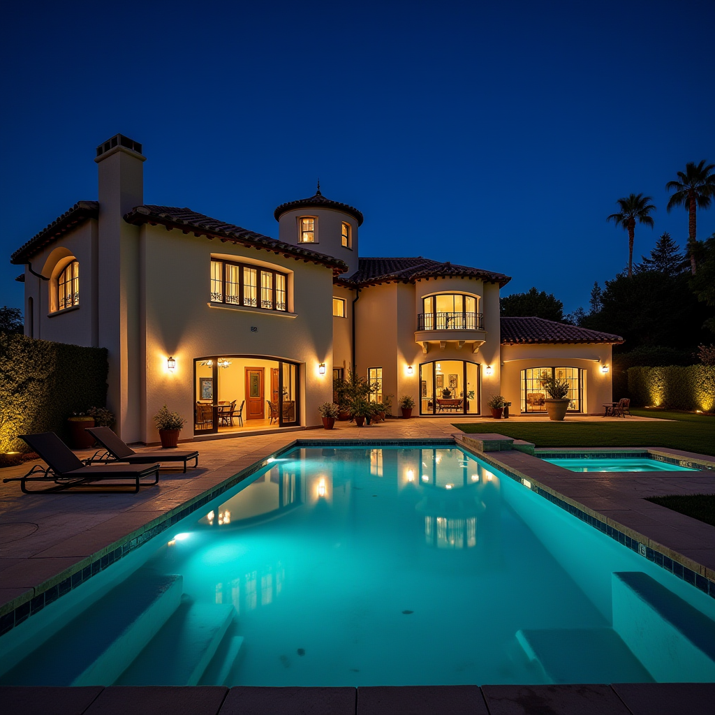 A luxurious villa with warm lighting and an inviting pool at dusk.